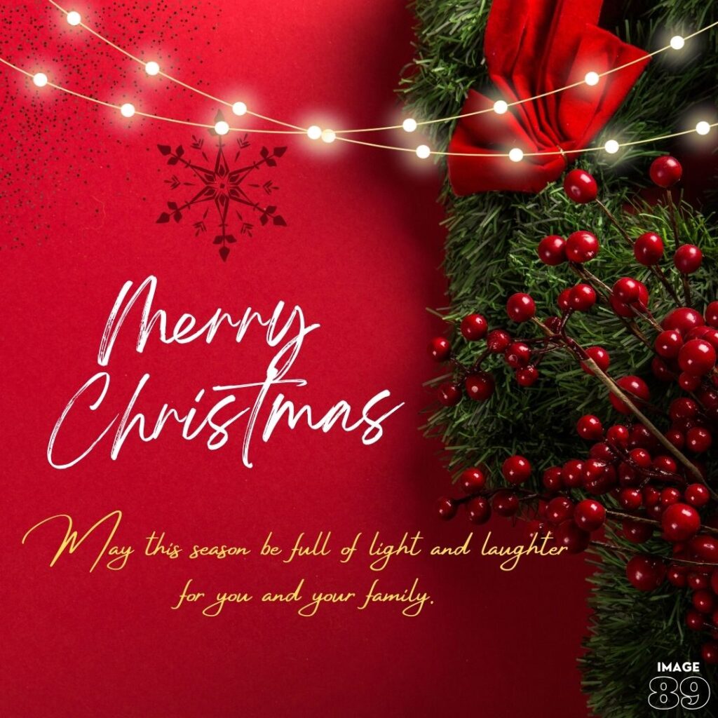 MERRY CHRISTMAS WISHES CARD WITH RED BACKGROUND AND GREEN CHRISTMAS TREE WITH FULL OF RED CHERRY AND LIGHTS