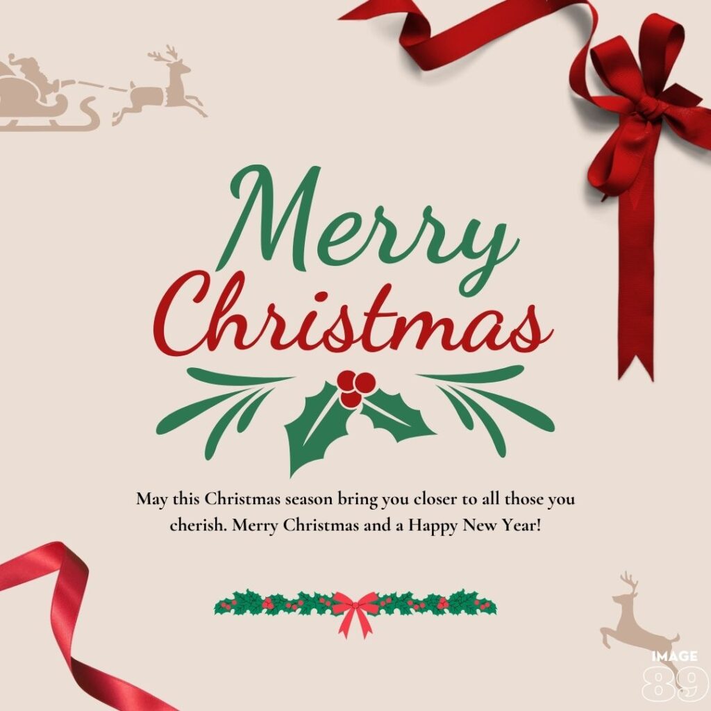 Beautiful merry christmas card wishes with beautiful background of santa cart and reindeer red green colour panel and wishes