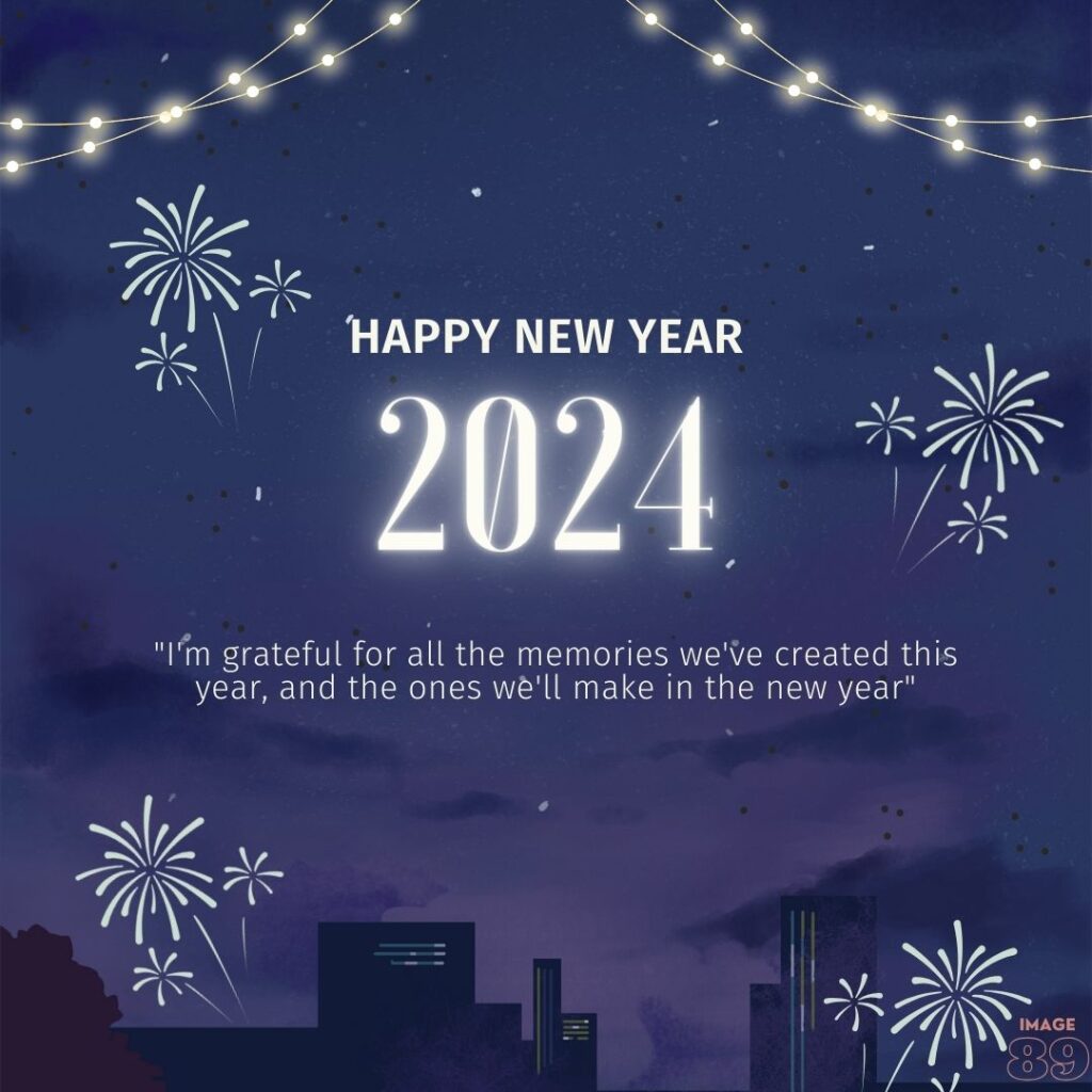 HAPPY NEW YEAR 2024 WISHES IMAGE background of beautiful calm night sky and some crackers and fairy lights