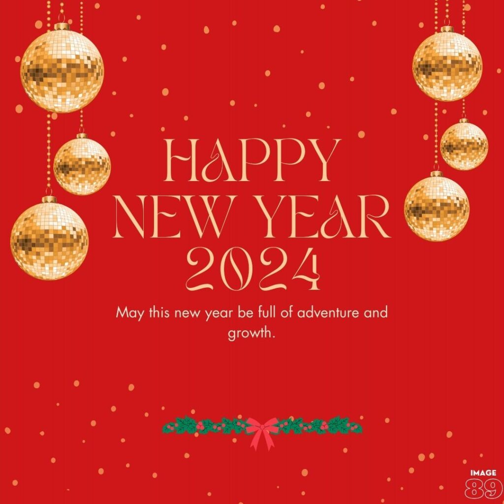 red background of happy new year 2024 wishes image decorated with disco round hanging lights.