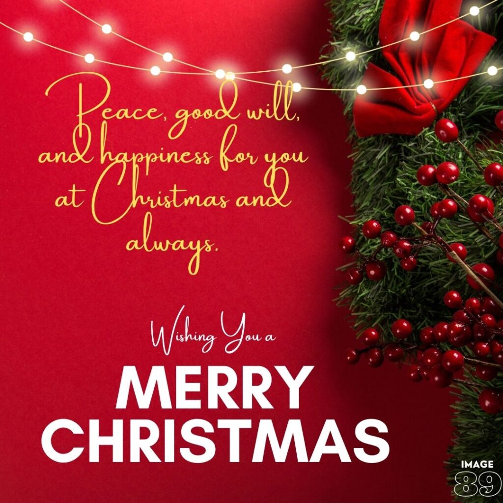 MERRY CHRISTMAS card wishes with red background and Christmas tree full with cherry and lights and warm wishes