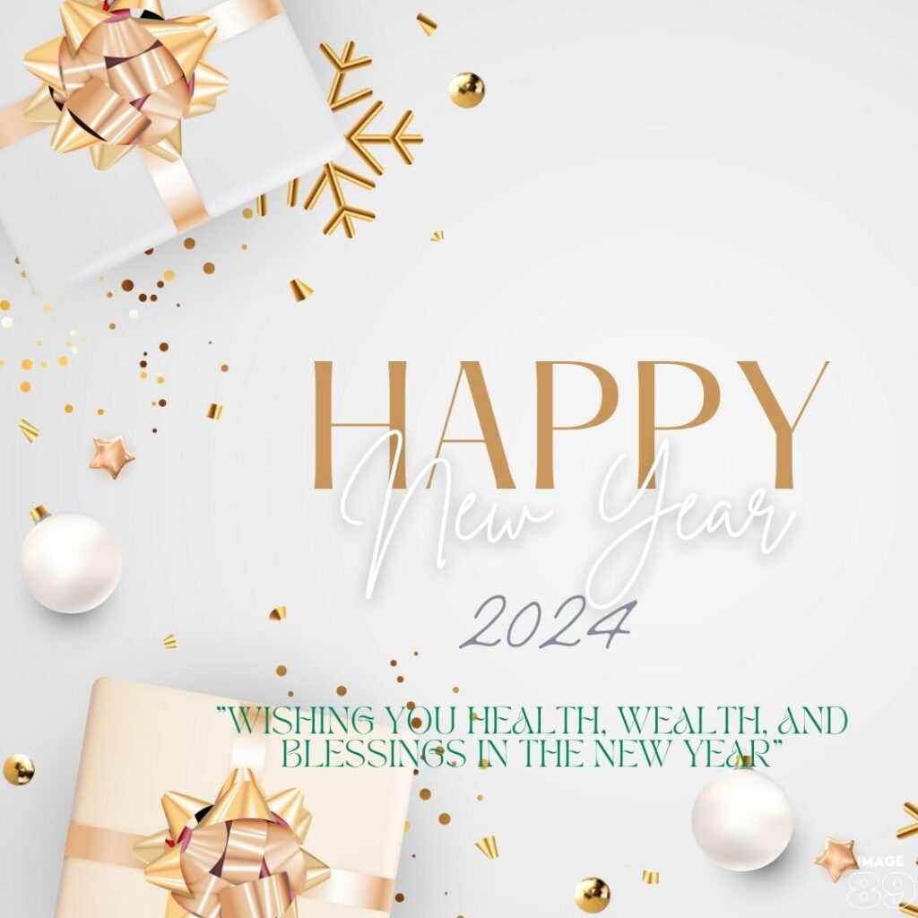 HAPPY NEW YEAR 2024 WISHES IMAGE WITH WHITE BACKGROUND AND DECORATED WITH SOME GIFTS AND GOLDEN RAPPERS.