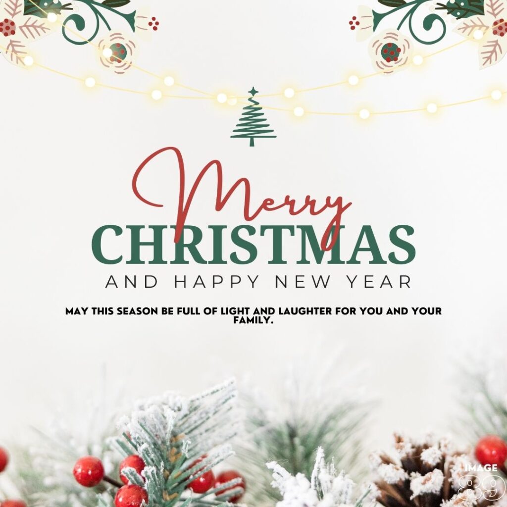 merry Christmas card and wallpaper with white snow background and with Christmas bell sweets and warm wishes