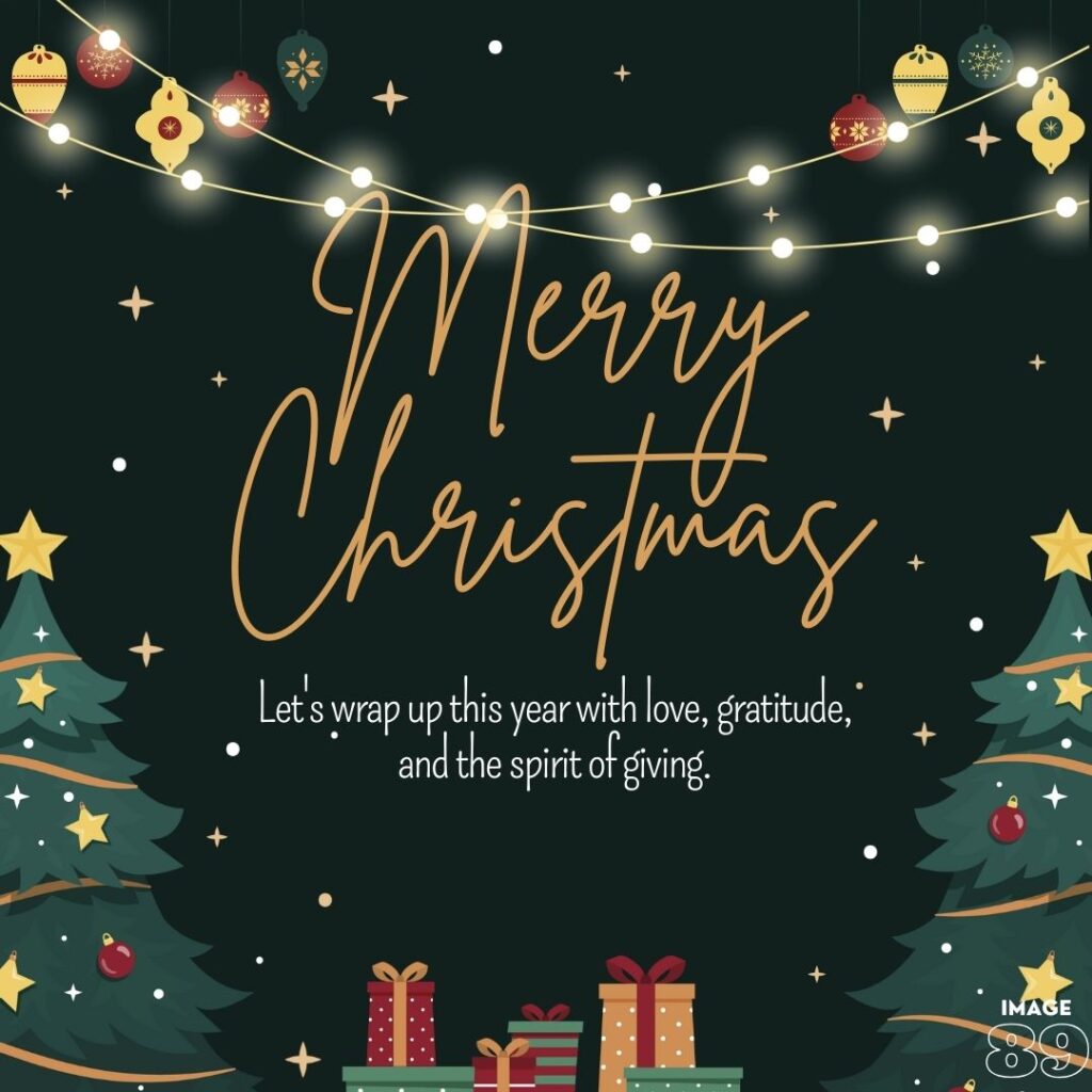 merry Christmas card wishes with beautiful black background of Christmas tree and gifts