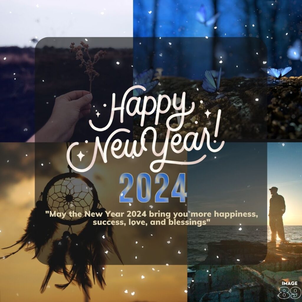 four different types of photos background decorated with dreamcatcher and butterflies and plants with happy new year 2024 wishes image