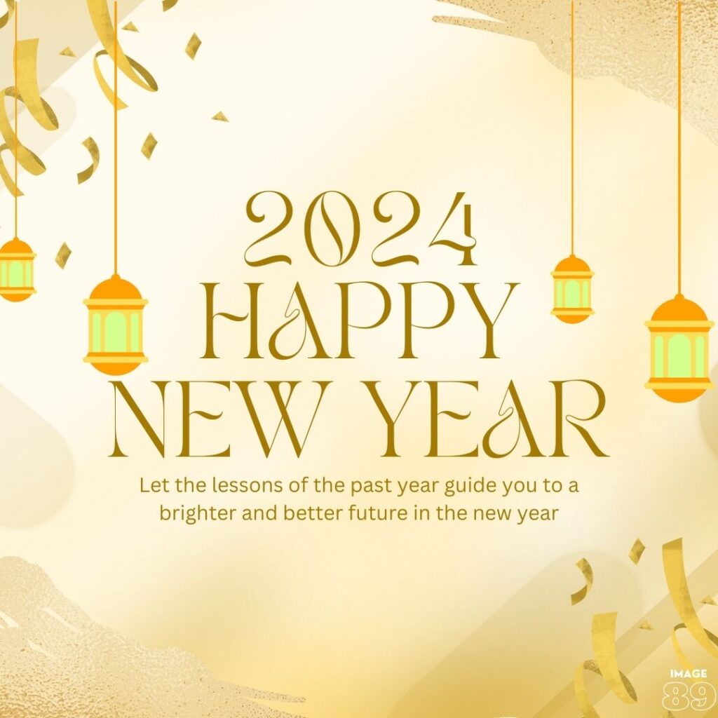 HAPPY NEW YEAR 2024 WISHES image with yellow background hanging lamp lights 