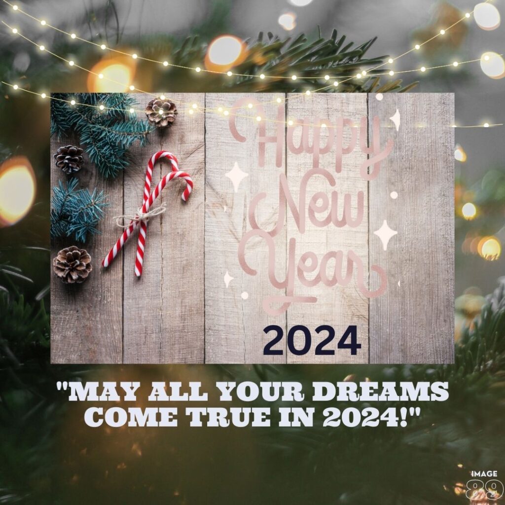 HAPPY NEW YEAR 2024 WISHES IMAGE WITH LIGHTING BACKGROUND AND decorated with tree and fairy lights and J shape red white sticks.