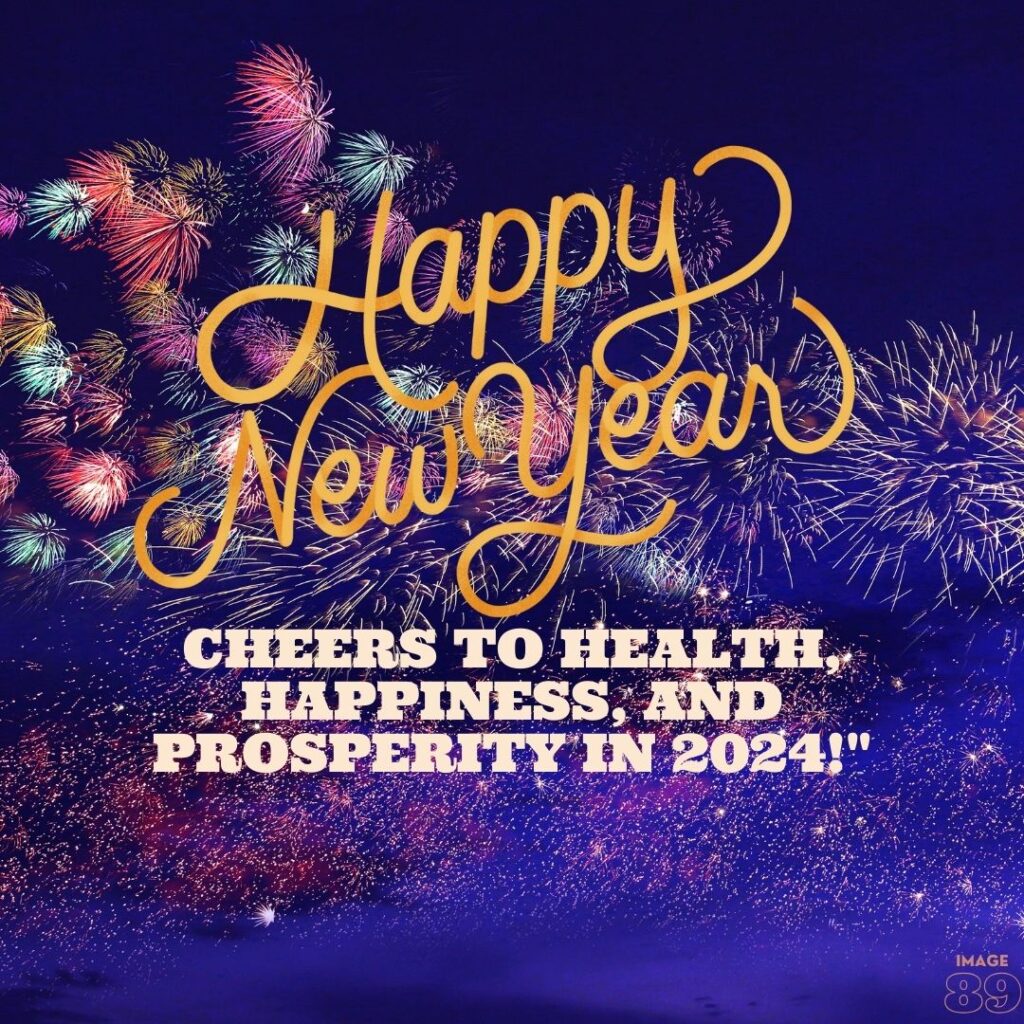 HAPPY NEW YEAR 2024 WISHES IMAGE with full of beautiful crackers and blue background.