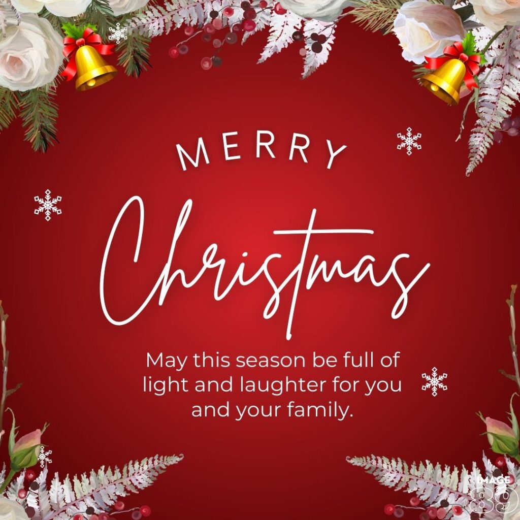 merry christmas card wishes with beautiful red background santa bells with white snow and rose tree decoration and white beautiful character handwriting