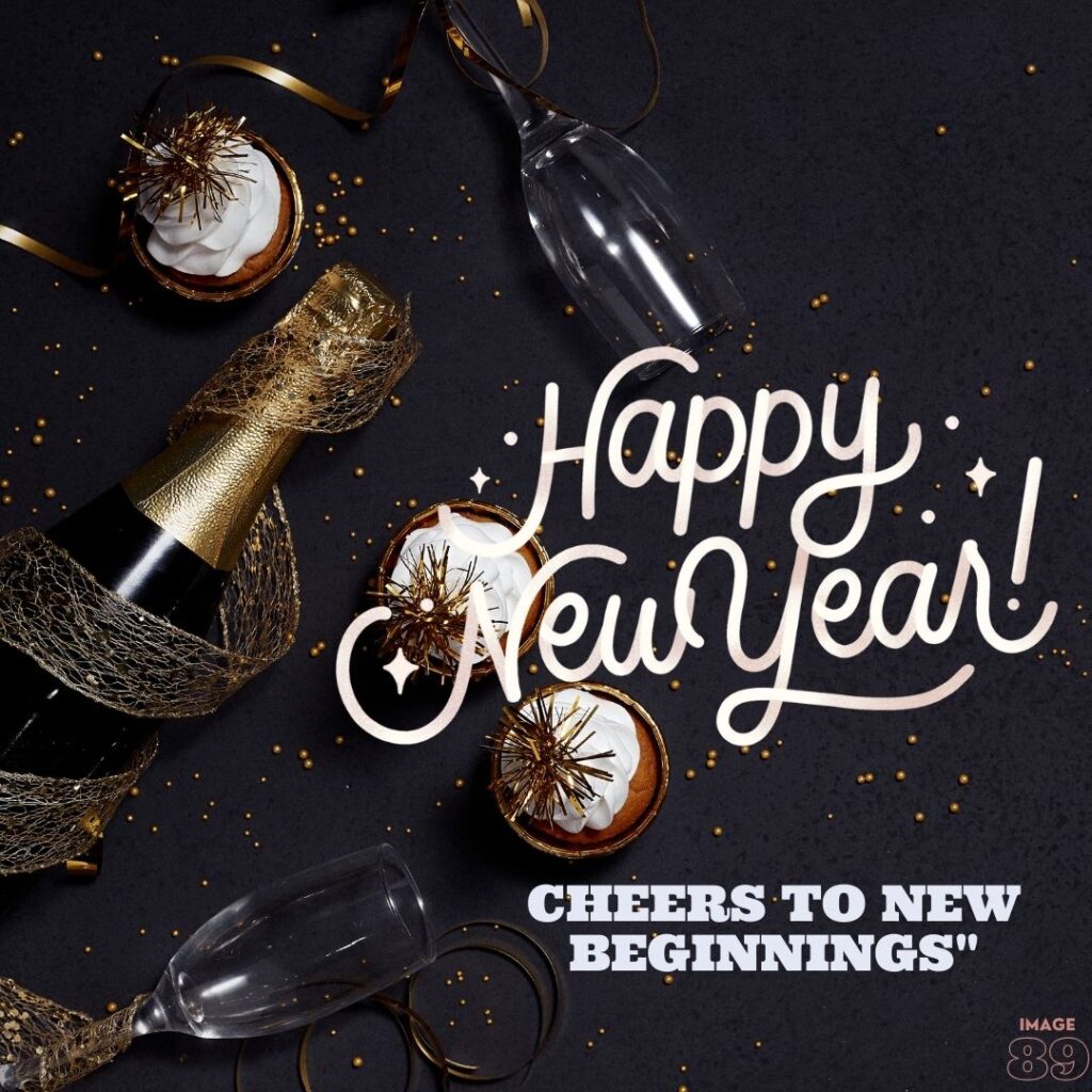 HAPPY NEW YEAR 2024 WISHES IMAGE black background decorated with wine bottle and glass and sweets