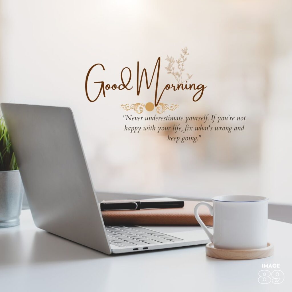 good morning image with a laptop and a coffee mug with beautiful lines