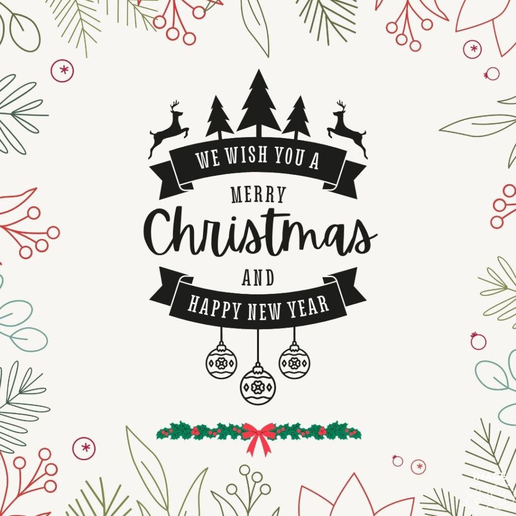 white background with christmas decoration black colour handwriting and beautiful red-green colour panel merry christmas card wishes with heart warming lines