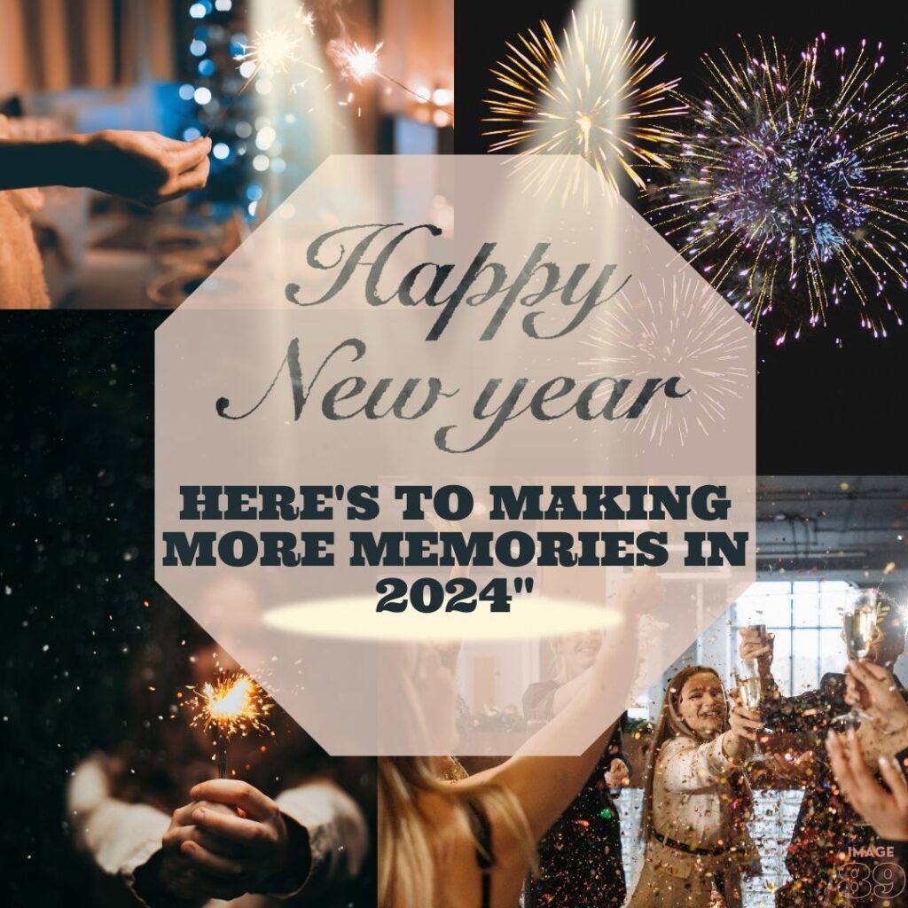 HAPPY NEW YEAR 2024 WISHES IMAGE decorated with four different types of celebration pictures