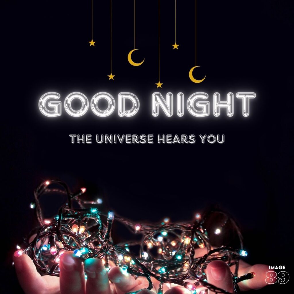 good night image with fairy lights and positive quote