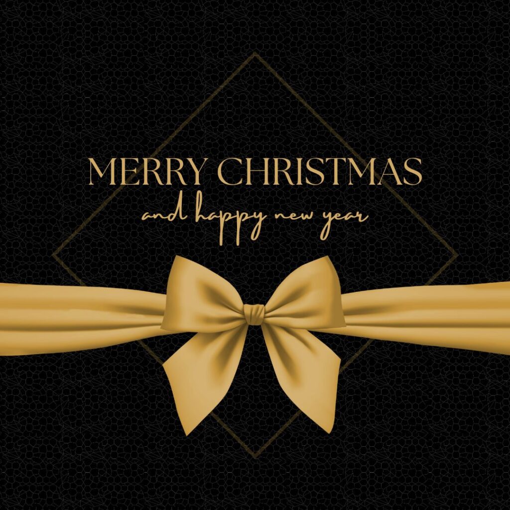 black background with a golden ribbon knot merry Christmas wishes image