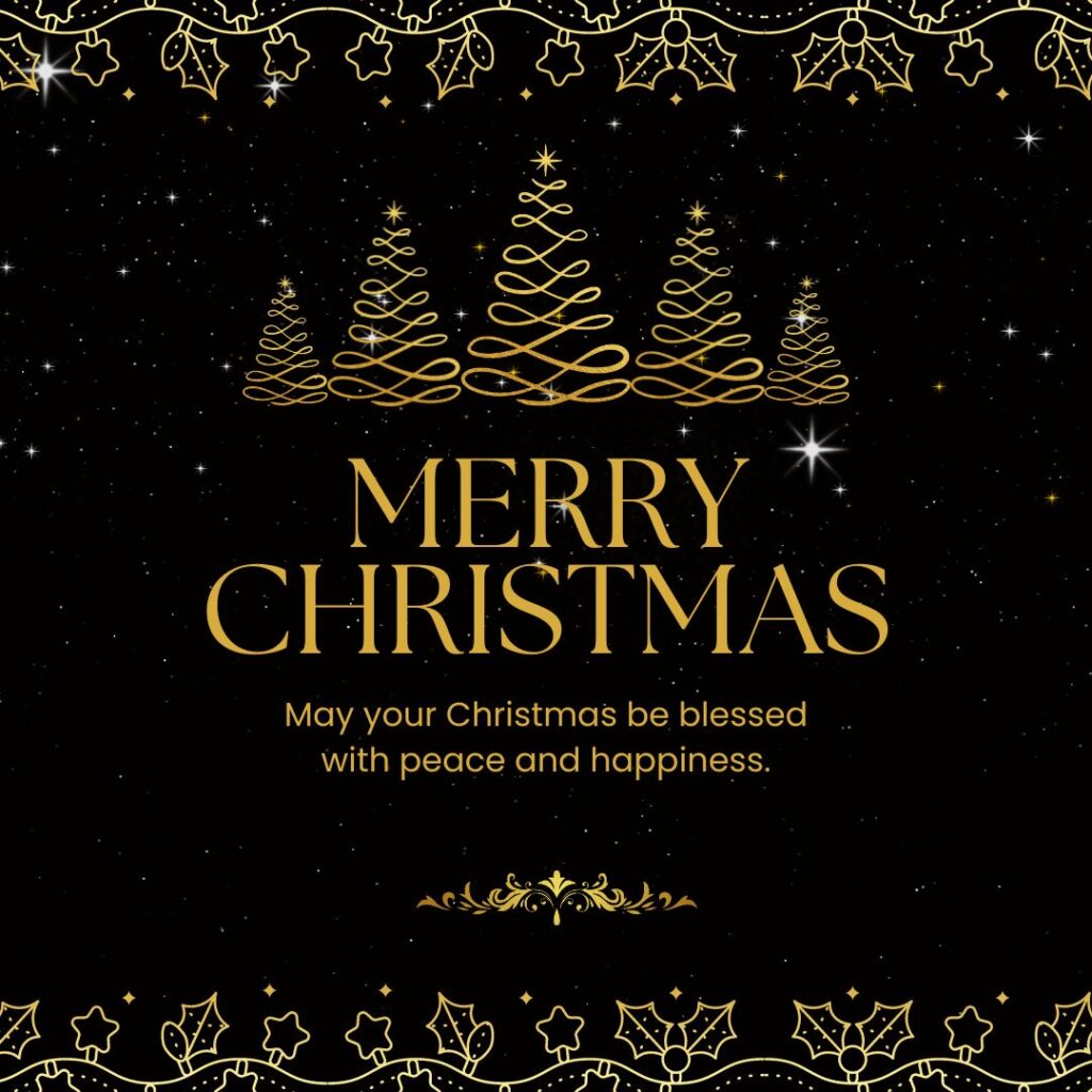 black background of a card golden christmas decorated on it and merry Christmas wishes card