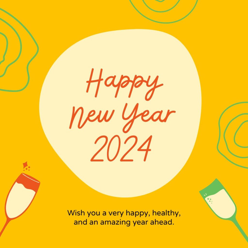 yellow background of happy new year wishes image decorated with wishes and two wine glass