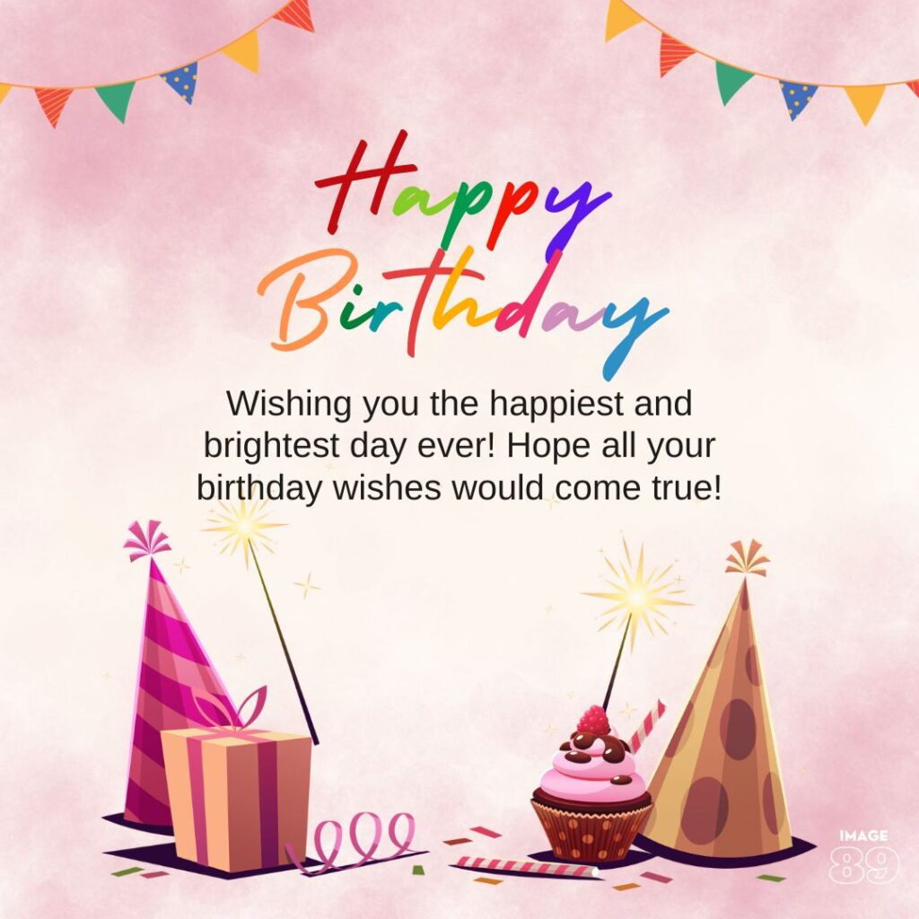 happy birthday image with white pink background and with cupcake and birthday cape and with beautiful wish