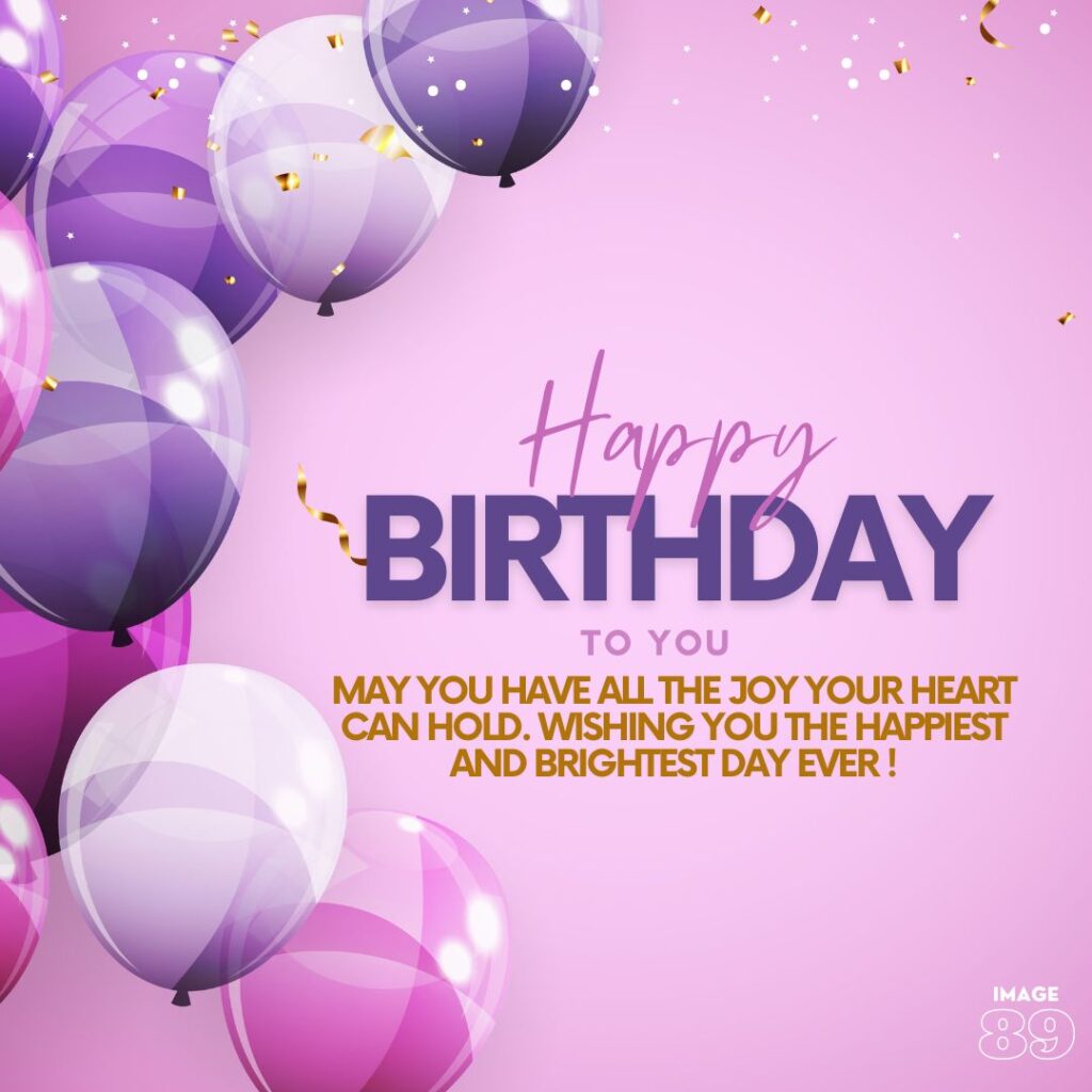 happy birthday image with purple background and decor with white purple balloons and wishes