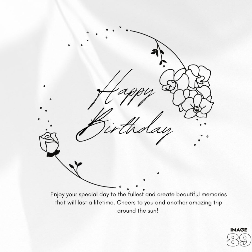 happy birthday image with pure white background with black creative flower decor and wishes