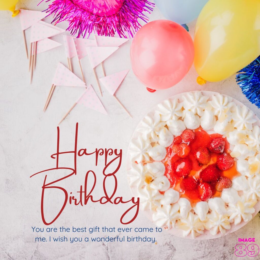 happy birthday image with white background and decor with balloons and sweets and wishes