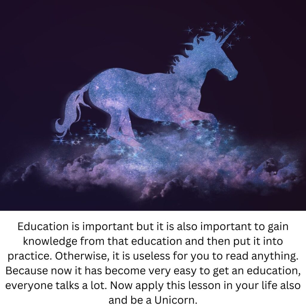 black background of digital photo with blue-purple color sparkling running-unicorn image with positive lines on education