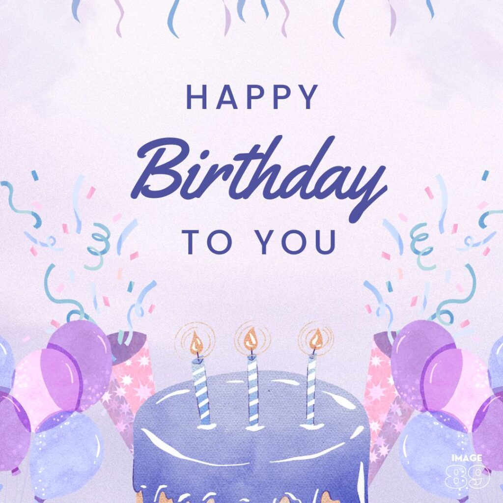 happy birthday image with beautiful purple background of a hand drawing and decor with cake and candles