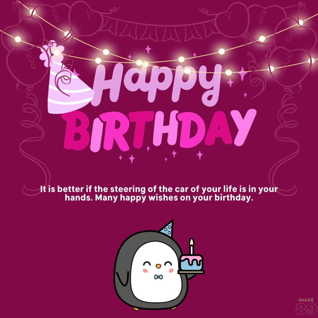 purple background Happy birthday image with some positive lines with cartoon penguin and cake.