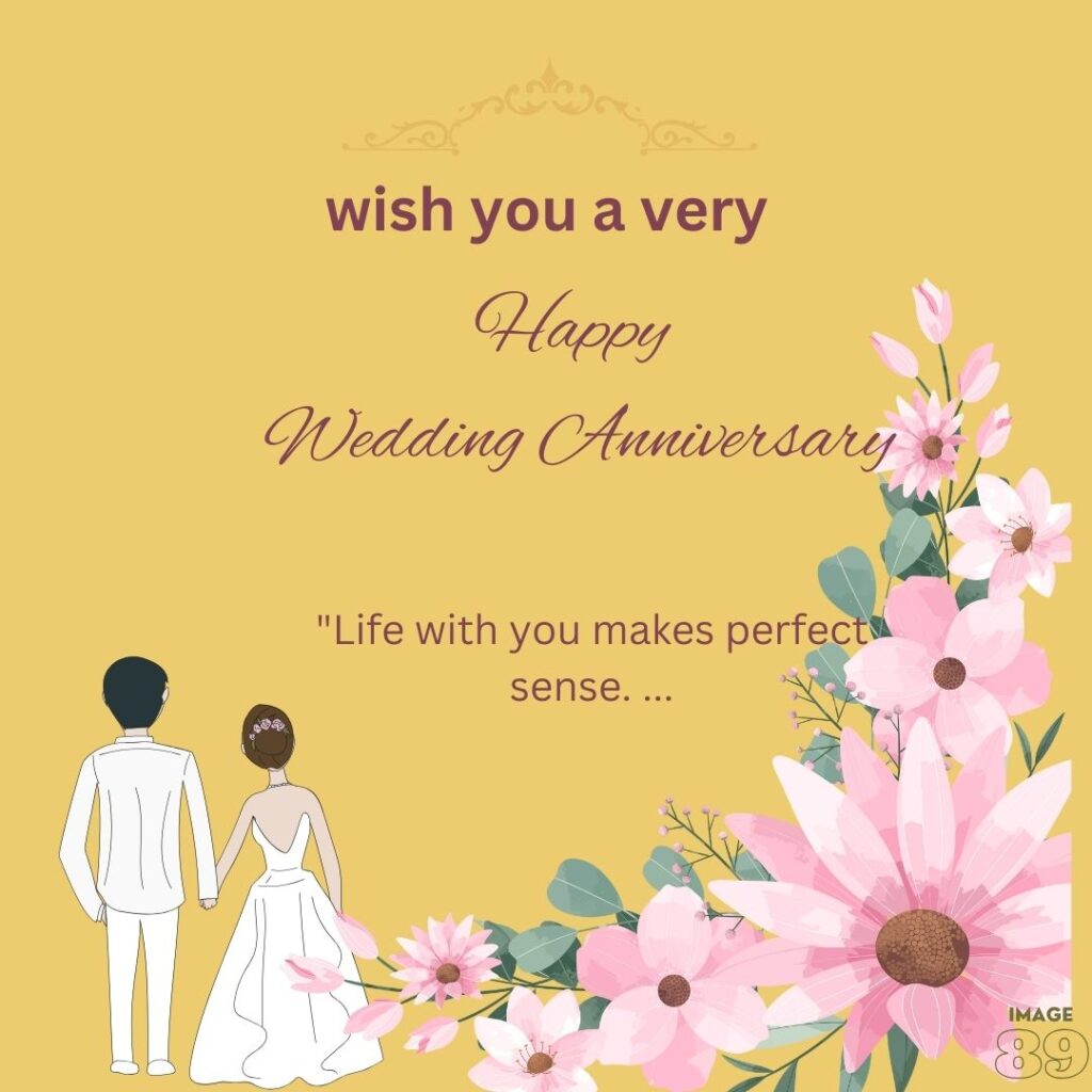 yellow background with a couple back side image  and pink flower decor wedding anniversary image with quote 