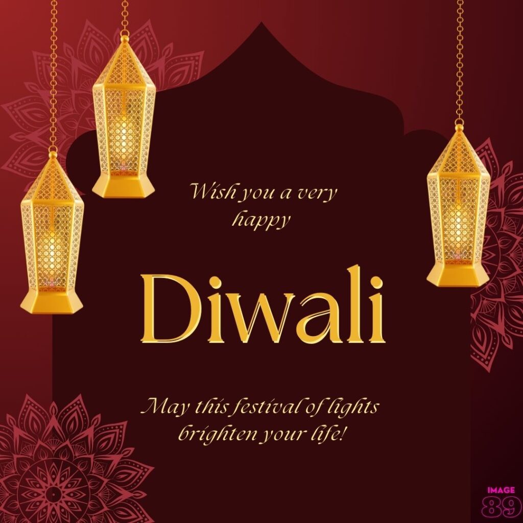 dark mehroon colour background decor with golden lamps Happy diwali wishes image card