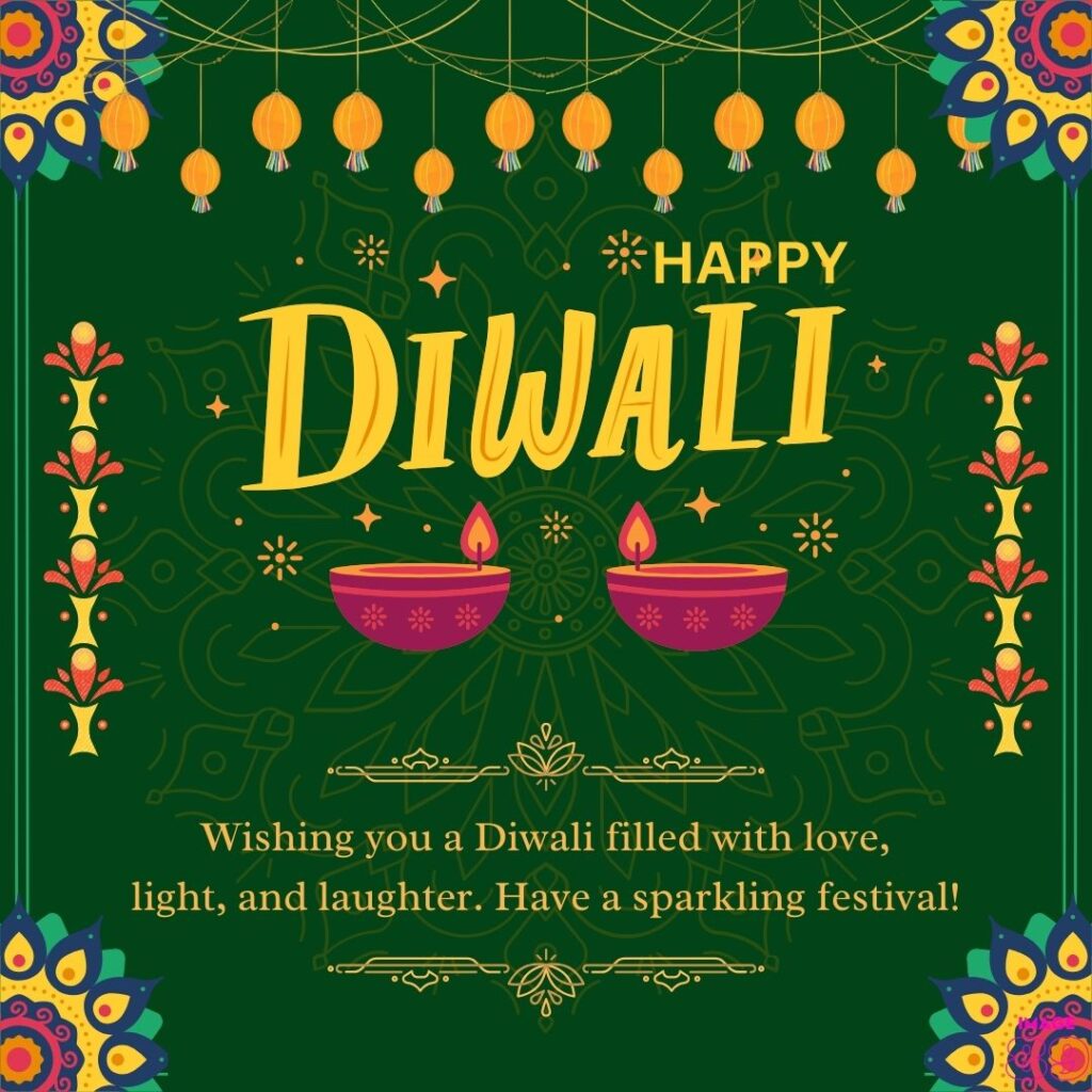 green colour background decorated with lamps and diyas Happy diwali wish card