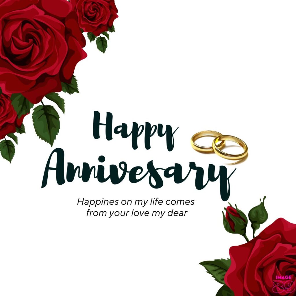 red roses background image of Happy anniversary with two gold rings and beautiful wishes