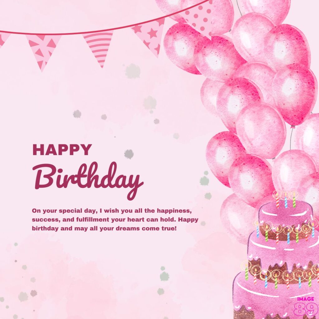 birthday pink decoration background Happy birthday wishes image for girls with positive lines and balloons ,cake etc