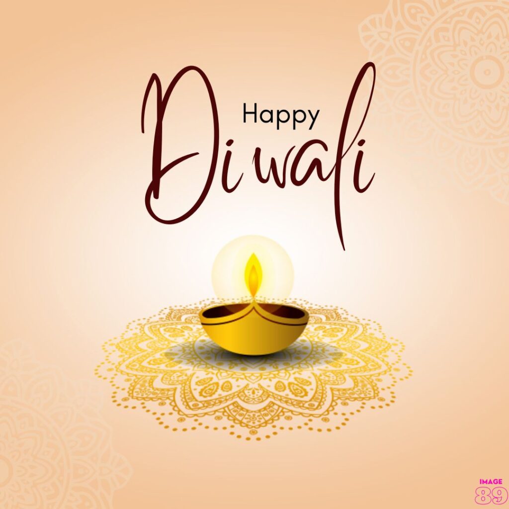 sweet and simple Happy diwali wish card with diyas and rangoli decoration with peach colour background