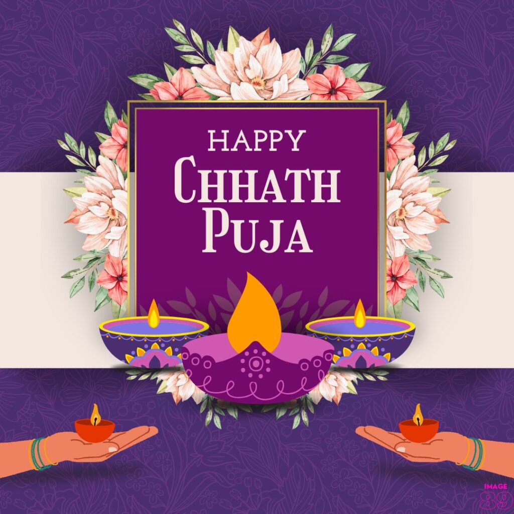 Happy chath pooja wish card with blue background decoration with flowers and diyas