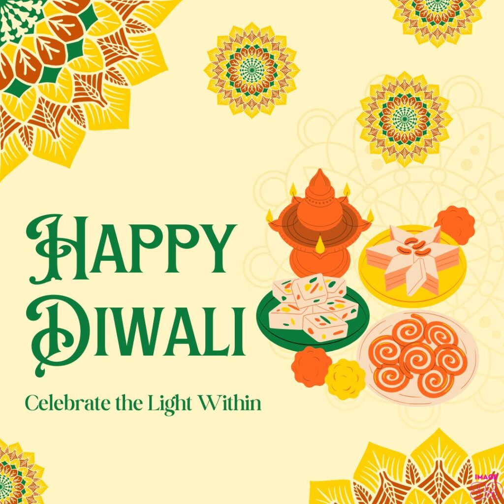 background decoration with flowers rangoli, diyas,sweets image of Happy diwali with wishes