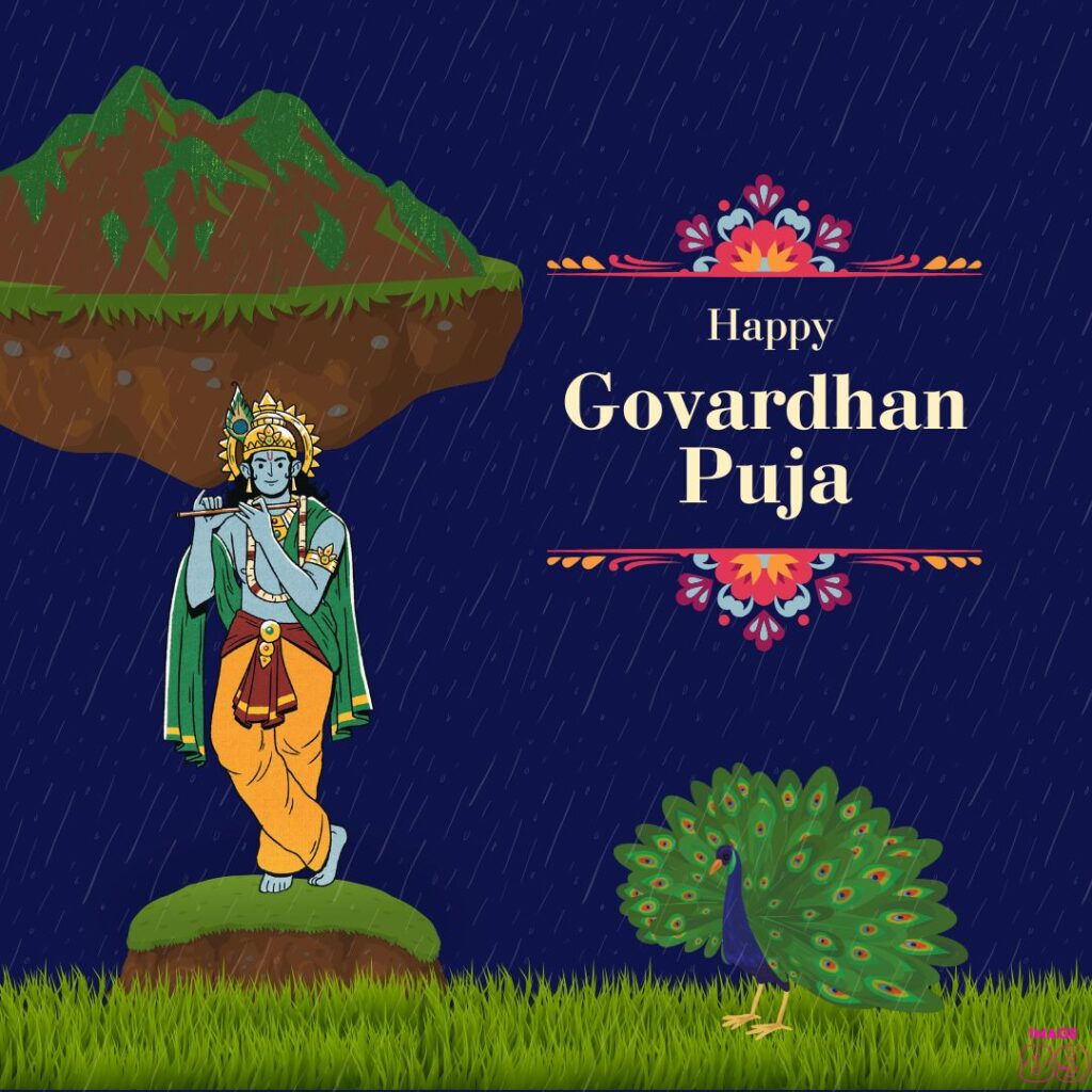 blue background with rains Happy govardhan pooja wishes image with Krishna image