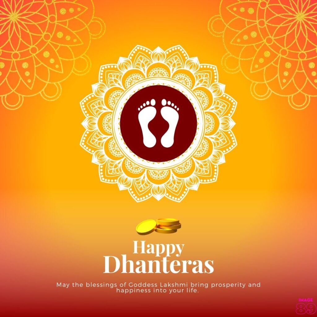 background orange-yellow decoration with laxmi foot-print image wish card for Happy Dhanteras