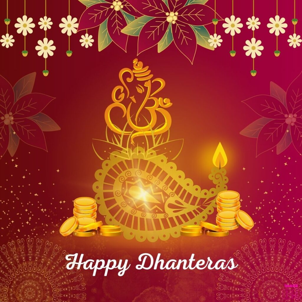 background red-pink decoration with ganesha image,diyas,money,candles wish card for Happy Dhanteras