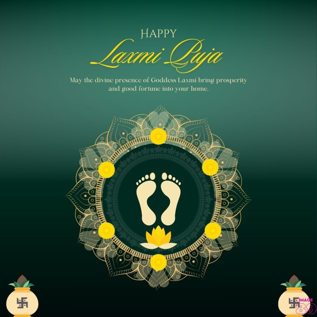 Happy laxmi pooja wish card with green colour background and with laxmi foot-print