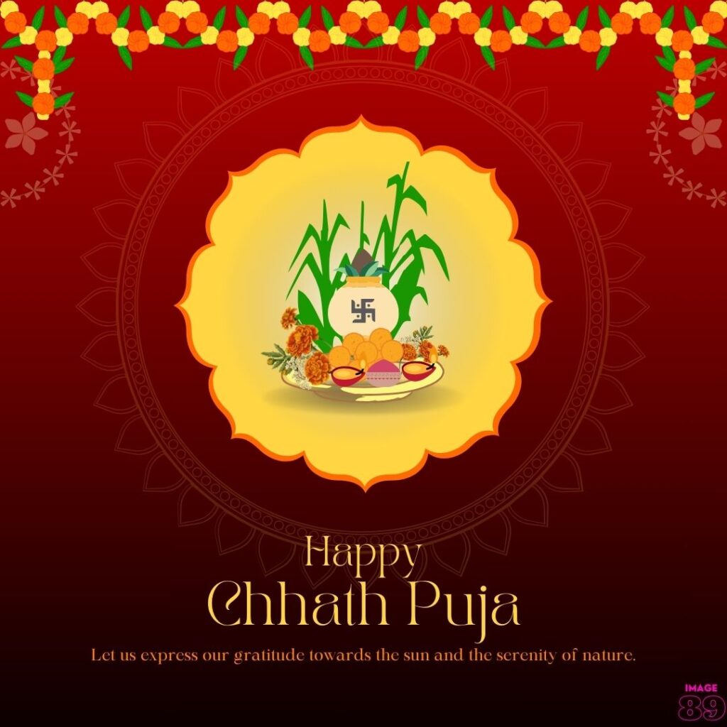 Happy chath pooja wish card with red-orange background decoration with flowers and diyas