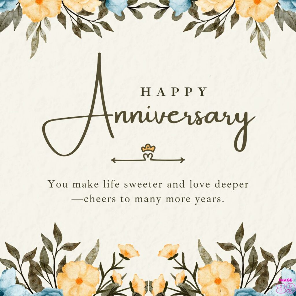 decorated with orange and blue flowers happy anniversary card with beautiful wishes