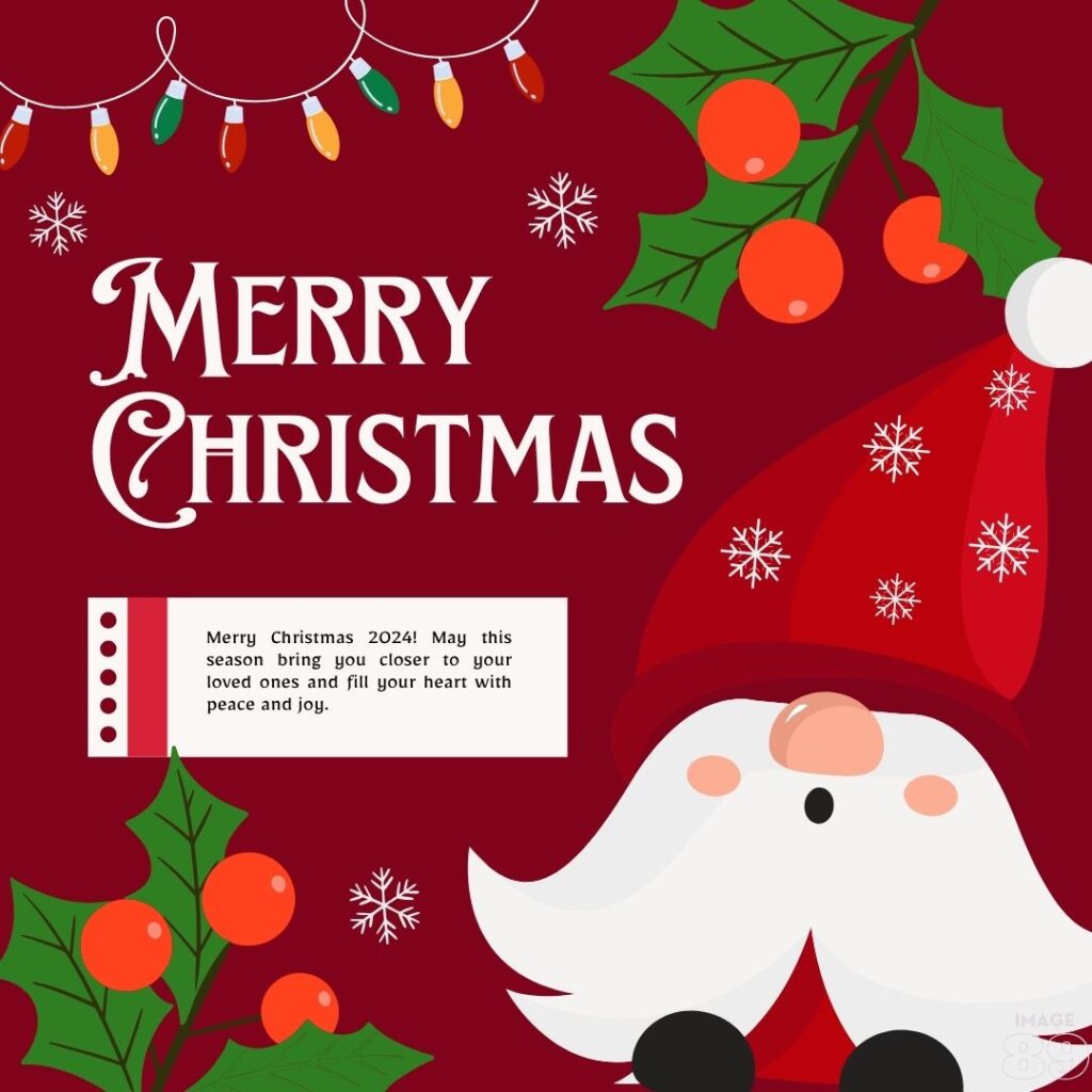 Merry Christmas image Red background with green tree leaves and a big santa with lights decor