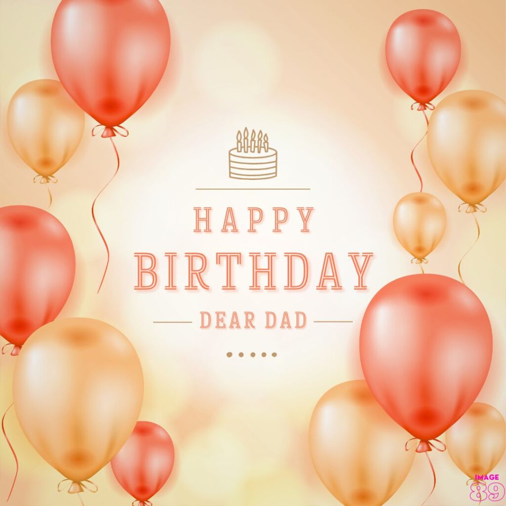 Happy birthday dear dad card with golden orange balloons decor