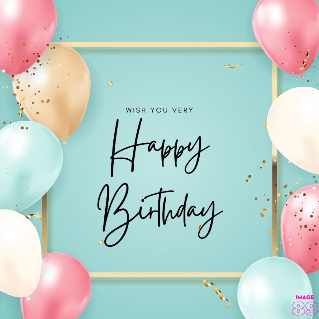 happy birthday banner card and image with sky blue background and white-pink-orange balloons.