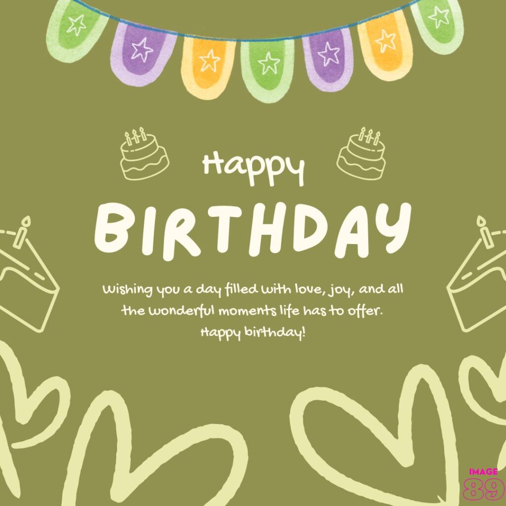 happy birthday wishing card for anyone with green background and birthday decor