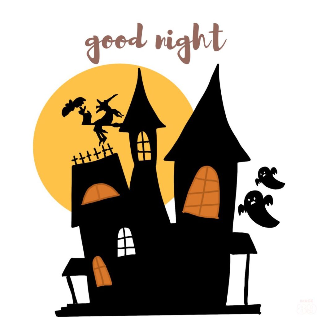 funny and scarry night image with good night tag with a wizard and a scarry house