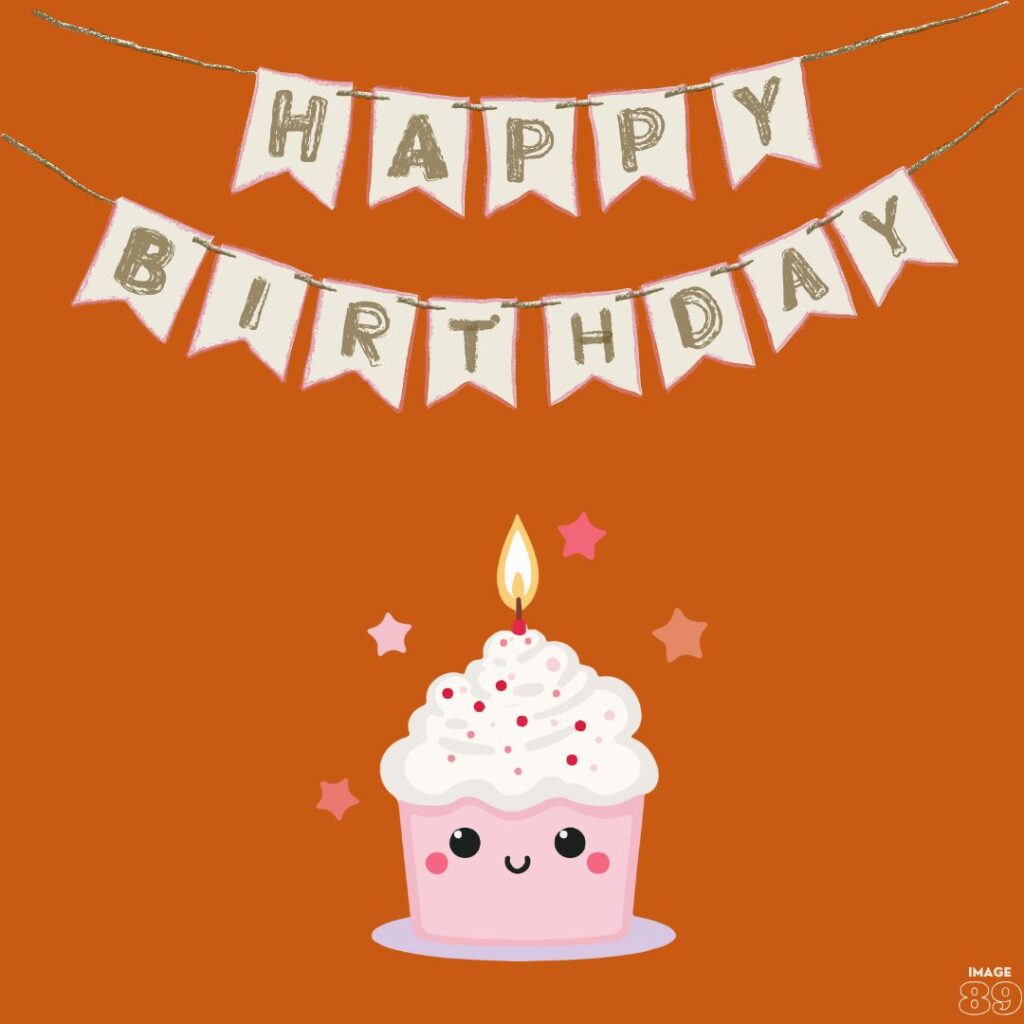 orange colour background image of happy birthday with cup cake for boys and girls